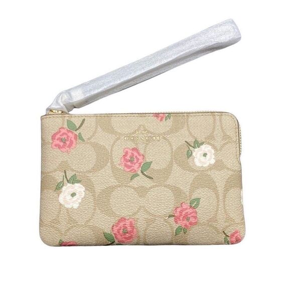 Corner Zip Wristlet In Signature Canvas With Floral Print Wallet Bag Purse - Picture 1 of 9